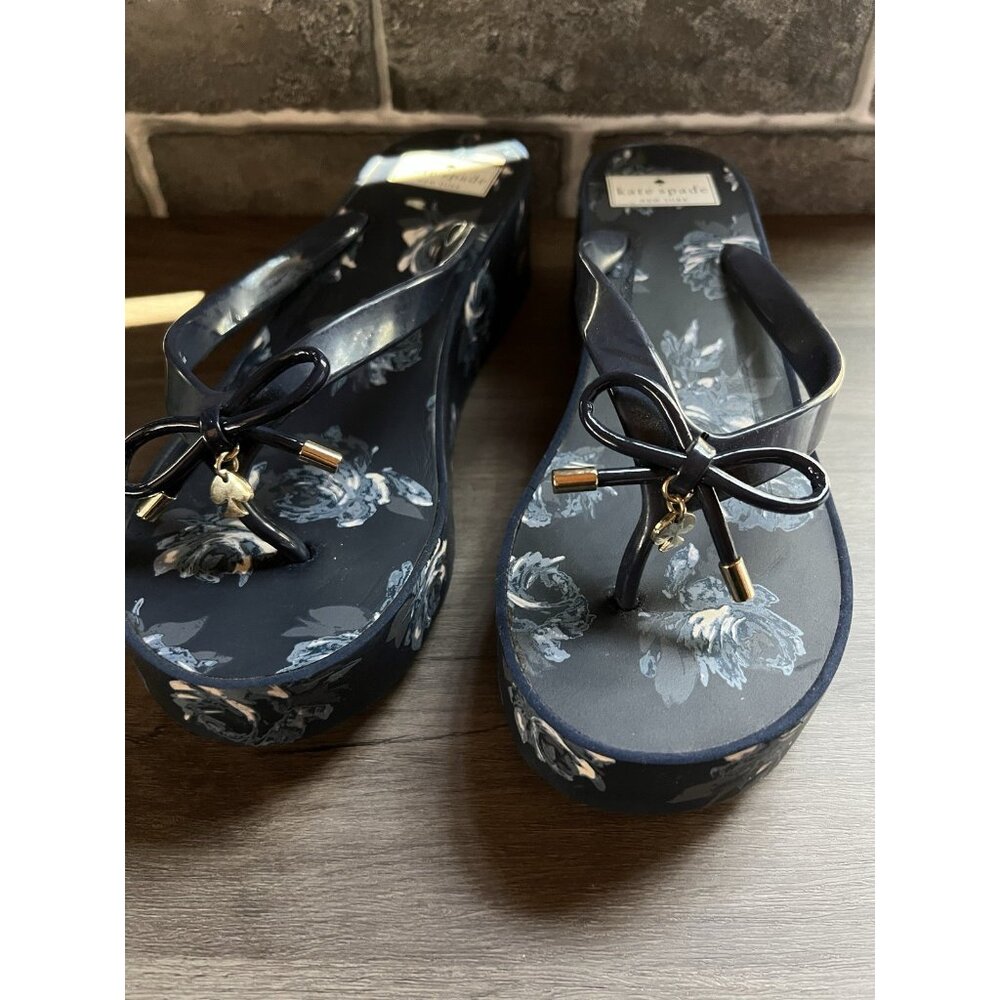 Kate Spade Blue Floral Wedge Sandals Size 9 Thong Summer Beach Party
